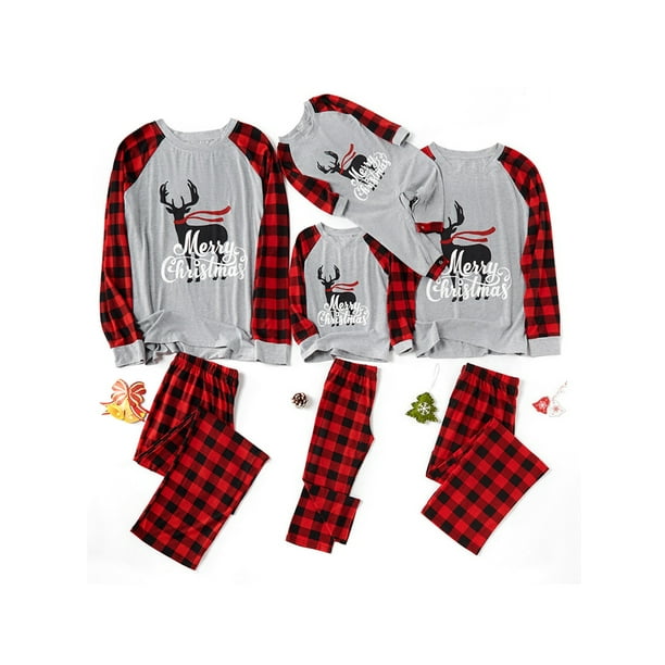 Matching Family Pajamas Sets Christmas PJs Sleepwear Merry Christmas Reindeer Top and Plaid Pants Cotton
